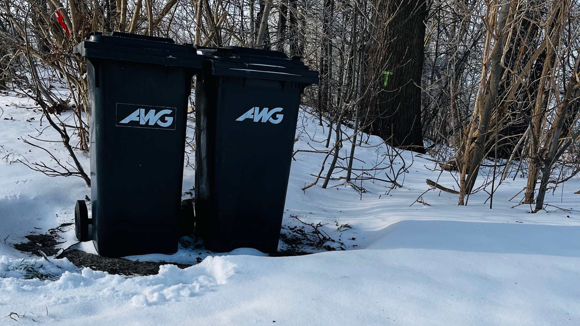 Ein Symbolbild mit zwei Restabfalltonnen im Schnee.